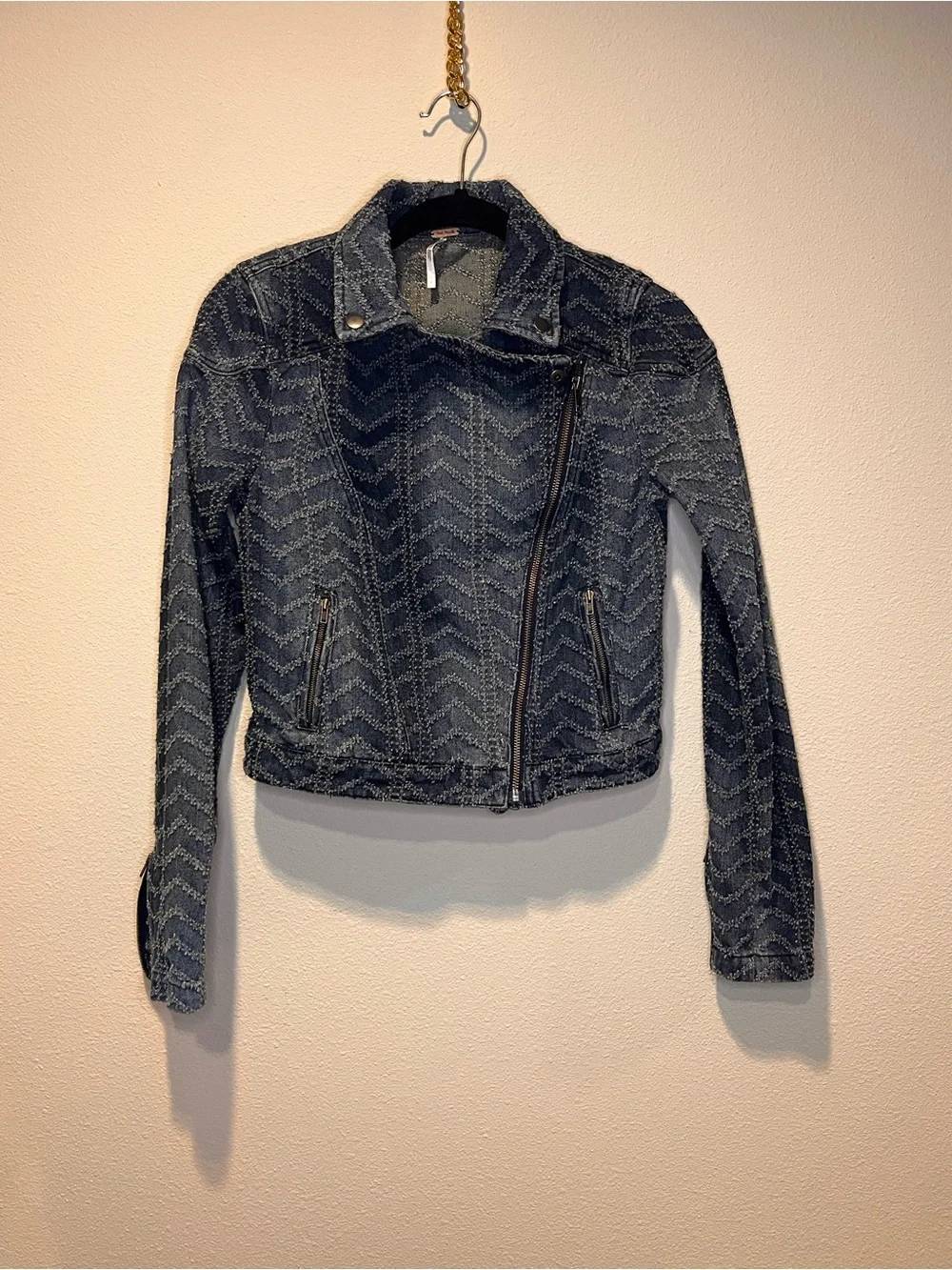 Free People Blue Chevron Denim Moto Jacket - Picture 3 of 11